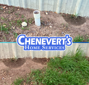 Two photos show a patch of ground by a metal building wall, before and after grass growth. "Chenevert's Home Services" logo is in the center.
