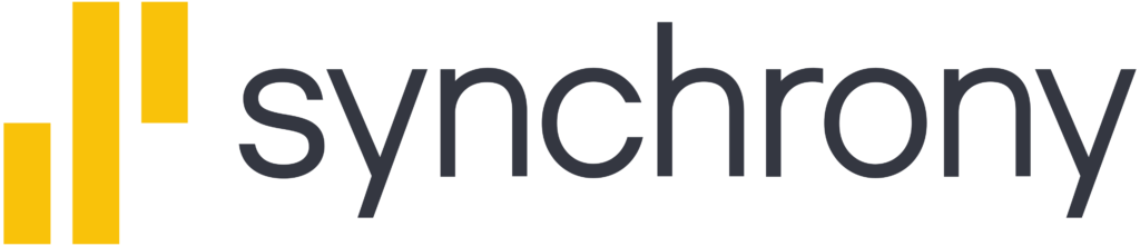 Synchrony logo featuring three vertical yellow bars of varying heights on the left and the word "synchrony" in lowercase black letters to the right, representing trusted financing and flexible finance options.
